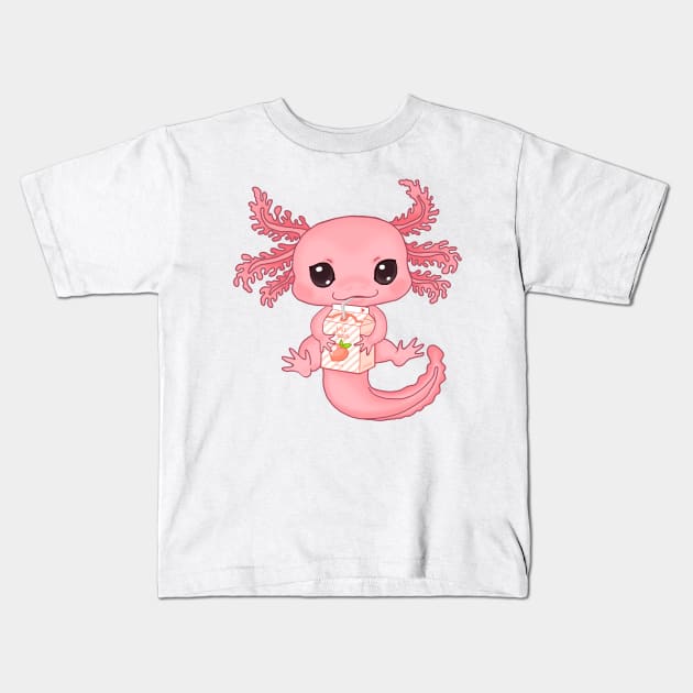 Cute Axolotl Drinking Peach Milk Kids T-Shirt by Green Splash